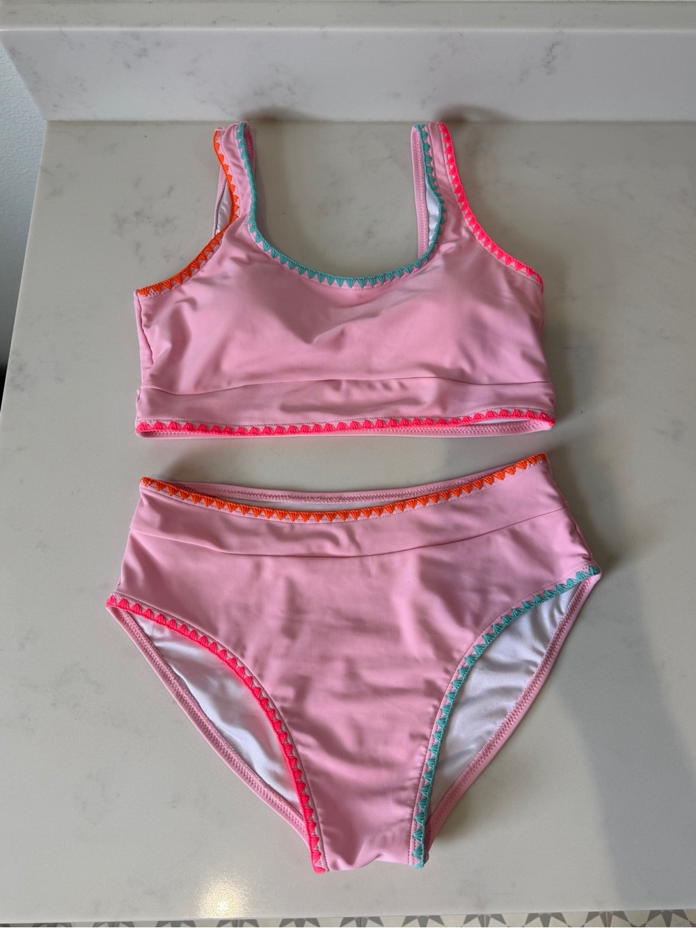 NWOT Teen Pink Two-Piece Bikini Set with Neon Trim, size 14/15